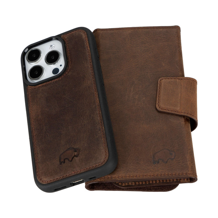 Tudor Tri-Fold Leather Wallet Case ‚Äì iPhone 15 Pro, Distressed Coffee - BlackBrook Case
