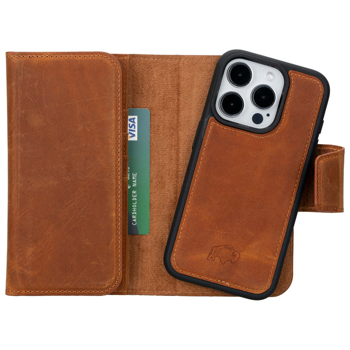 iPhone 15 Pro Leather Wallet Case - Tudor 2 - in - 1 Tri - Fold Folio, Golden Brown - BlackBrook Case