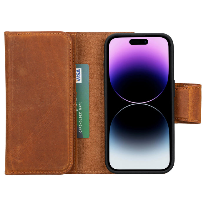 Tudor Tri-Fold Leather Wallet Case ‚Äì iPhone 15 Pro, Golden Brown - BlackBrook Case
