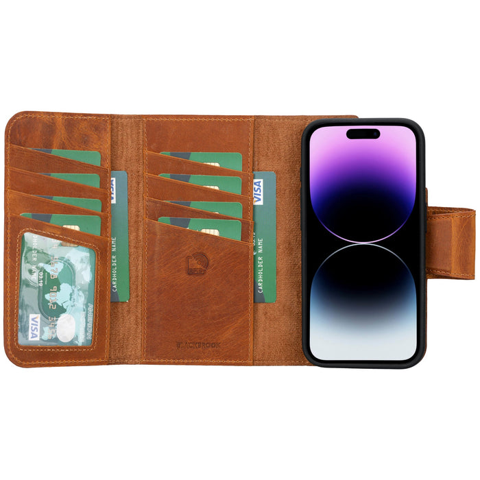 Tudor Tri-Fold Leather Wallet Case ‚Äì iPhone 15 Pro, Golden Brown - BlackBrook Case
