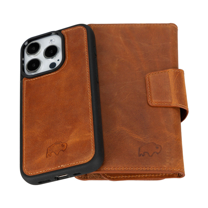 Tudor Tri-Fold Leather Wallet Case ‚Äì iPhone 15 Pro, Golden Brown - BlackBrook Case