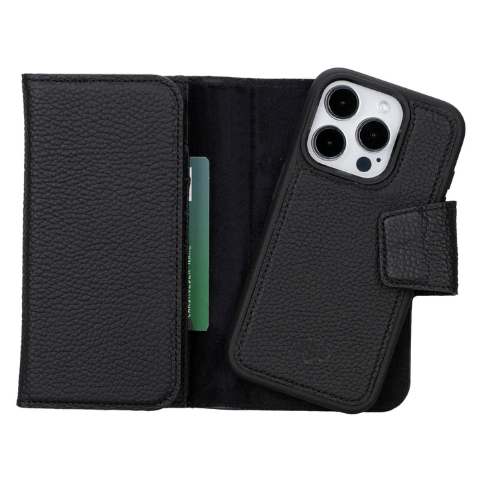 iPhone 15 Pro Leather Wallet Case - Tudor 2 - in - 1 Tri - Fold Folio, Pebble Black - BlackBrook Case
