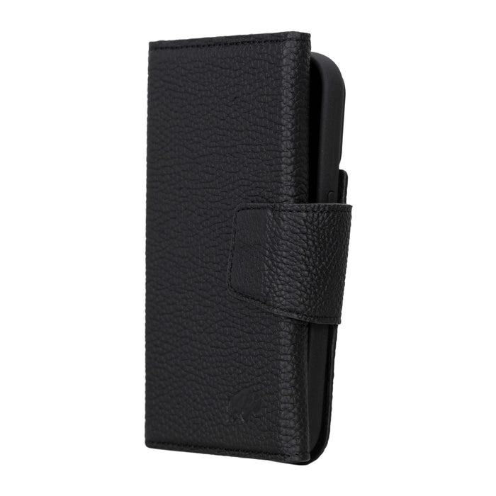 iPhone 15 Pro Leather Wallet Case - Tudor 2 - in - 1 Tri - Fold Folio, Pebble Black - BlackBrook Case
