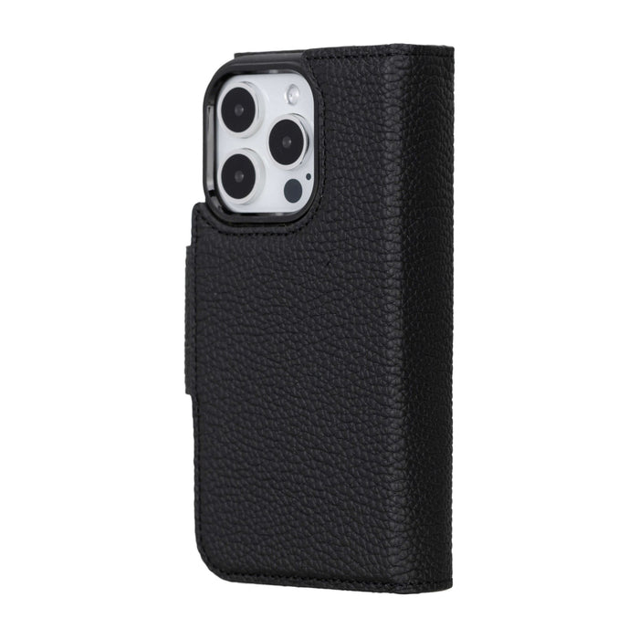 iPhone 15 Pro Leather Wallet Case - Tudor 2 - in - 1 Tri - Fold Folio, Pebble Black - BlackBrook Case