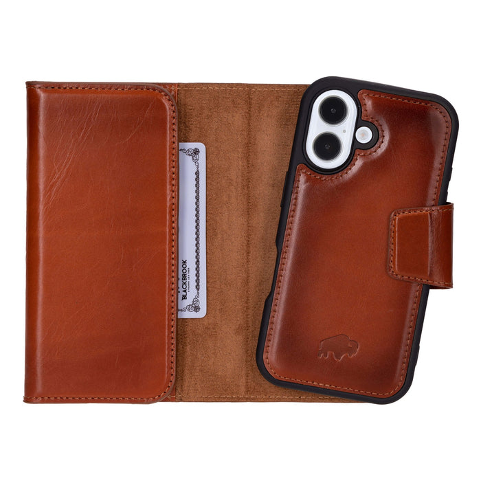 iPhone 16 Leather Wallet Case - Tudor 2 - in - 1 Tri - Fold Folio, Burnished Tan - BlackBrook Case