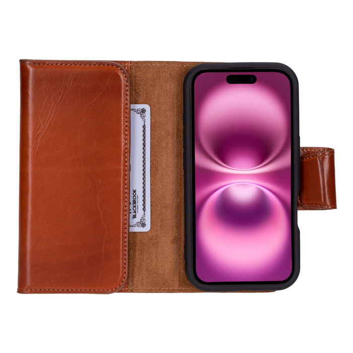 iPhone 16 Leather Wallet Case - Tudor 2 - in - 1 Tri - Fold Folio, Burnished Tan - BlackBrook Case