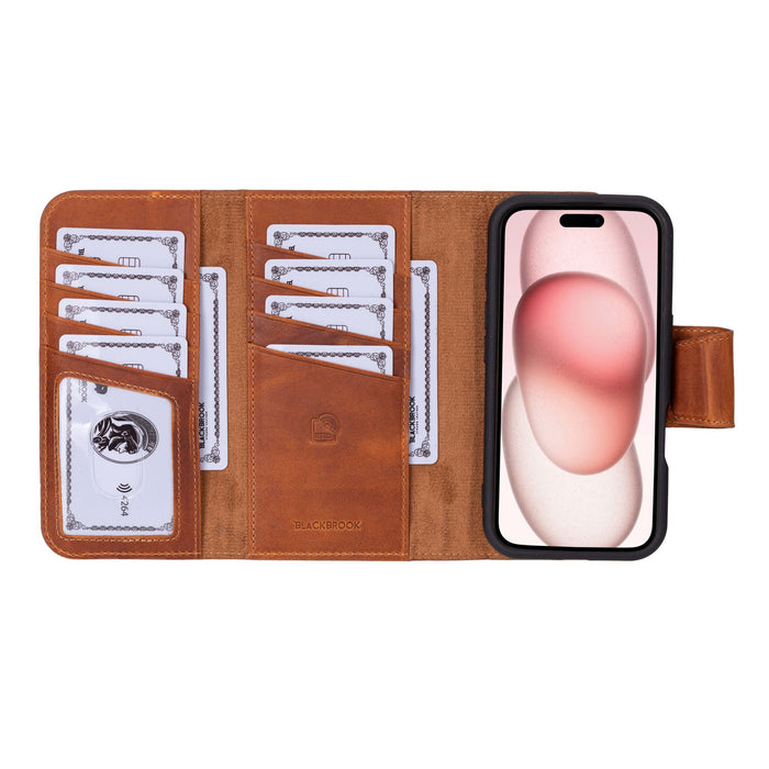 iPhone 16 Leather Wallet Case - Tudor 2 - in - 1 Tri - Fold Folio, Burnished Tan - BlackBrook Case