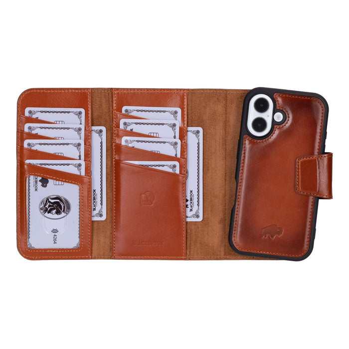 iPhone 16 Leather Wallet Case - Tudor 2 - in - 1 Tri - Fold Folio, Burnished Tan - BlackBrook Case