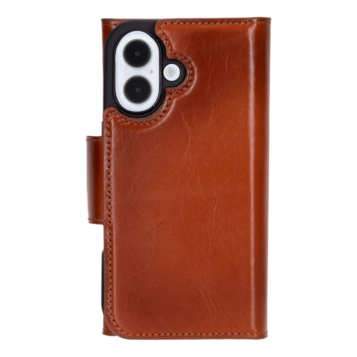 iPhone 16 Leather Wallet Case - Tudor 2 - in - 1 Tri - Fold Folio, Burnished Tan - BlackBrook Case