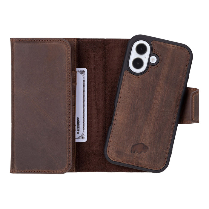 iPhone 16 Leather Wallet Case - Tudor 2 - in - 1 Tri - Fold Folio, Distressed Coffee - BlackBrook Case