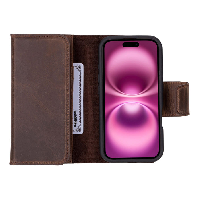 iPhone 16 Leather Wallet Case - Tudor 2 - in - 1 Tri - Fold Folio, Distressed Coffee - BlackBrook Case