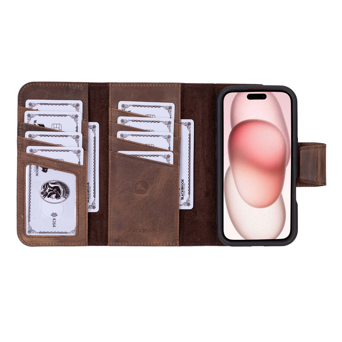 iPhone 16 Leather Wallet Case - Tudor 2 - in - 1 Tri - Fold Folio, Distressed Coffee - BlackBrook Case