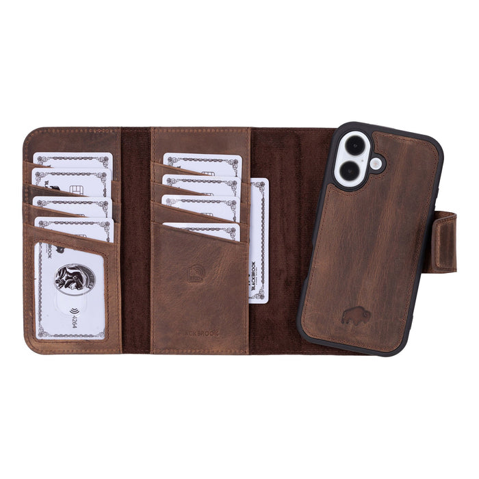 iPhone 16 Leather Wallet Case - Tudor 2 - in - 1 Tri - Fold Folio, Distressed Coffee - BlackBrook Case