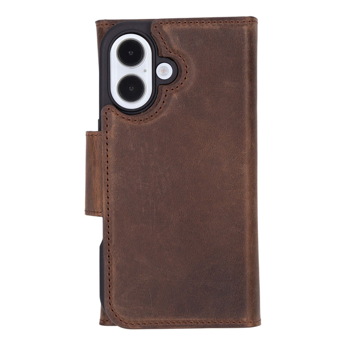 iPhone 16 Leather Wallet Case - Tudor 2 - in - 1 Tri - Fold Folio, Distressed Coffee - BlackBrook Case
