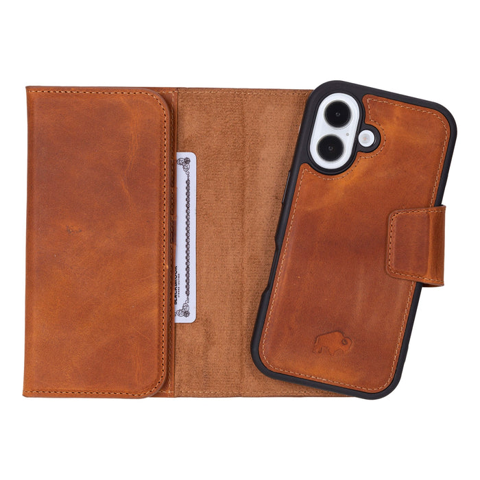 iPhone 16 Leather Wallet Case - Tudor 2 - in - 1 Tri - Fold Folio, Golden Brown - BlackBrook Case