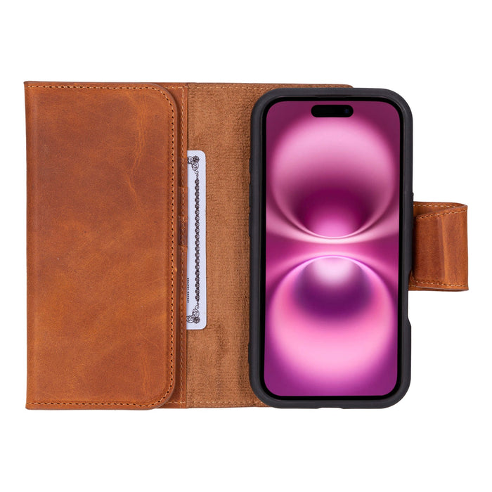 iPhone 16 Leather Wallet Case - Tudor 2 - in - 1 Tri - Fold Folio, Golden Brown - BlackBrook Case