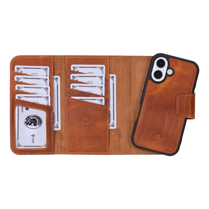 iPhone 16 Leather Wallet Case - Tudor 2 - in - 1 Tri - Fold Folio, Golden Brown - BlackBrook Case