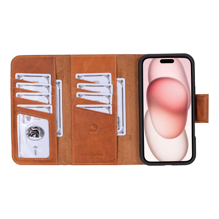 iPhone 16 Leather Wallet Case - Tudor 2 - in - 1 Tri - Fold Folio, Golden Brown - BlackBrook Case
