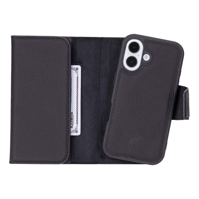 iPhone 16 Leather Wallet Case - Tudor 2 - in - 1 Tri - Fold Folio, Pebble Black - BlackBrook Case