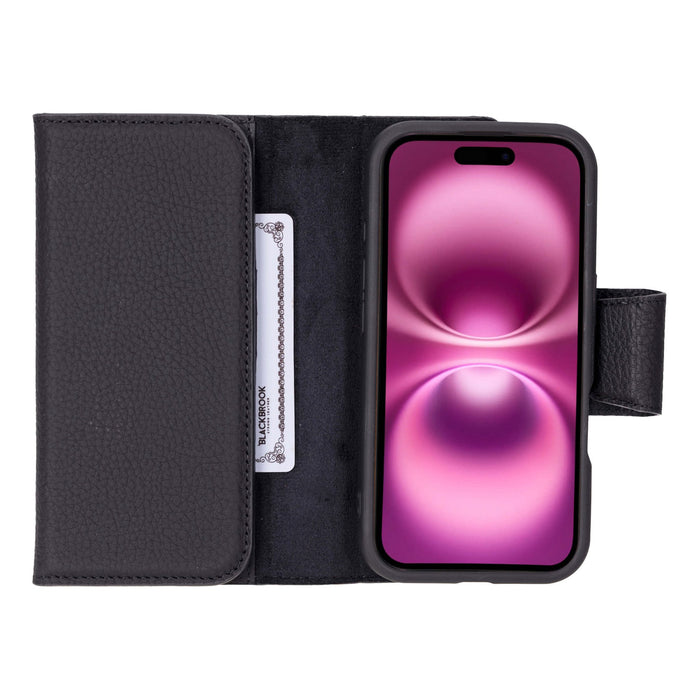 iPhone 16 Leather Wallet Case - Tudor 2 - in - 1 Tri - Fold Folio, Pebble Black - BlackBrook Case