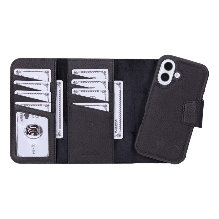 iPhone 16 Leather Wallet Case - Tudor 2 - in - 1 Tri - Fold Folio, Pebble Black - BlackBrook Case