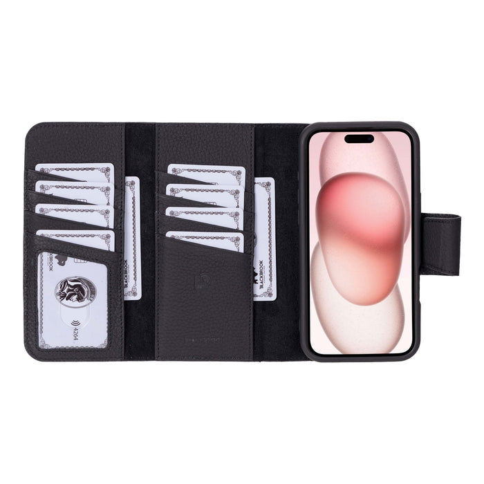 iPhone 16 Leather Wallet Case - Tudor 2 - in - 1 Tri - Fold Folio, Pebble Black - BlackBrook Case