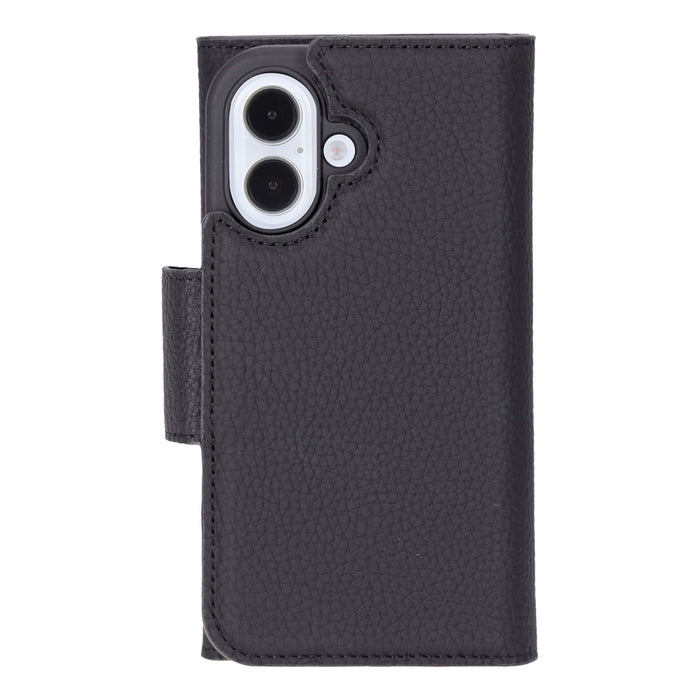 iPhone 16 Leather Wallet Case - Tudor 2 - in - 1 Tri - Fold Folio, Pebble Black - BlackBrook Case