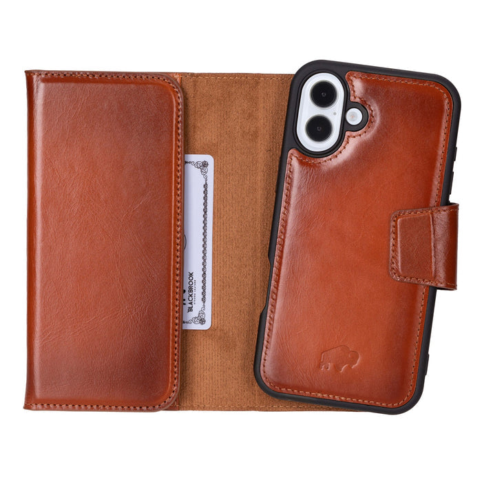 iPhone 16 Plus Leather Wallet Case - Tudor 2 - in - 1 Tri - Fold Folio, Burnished Tan - BlackBrook Case