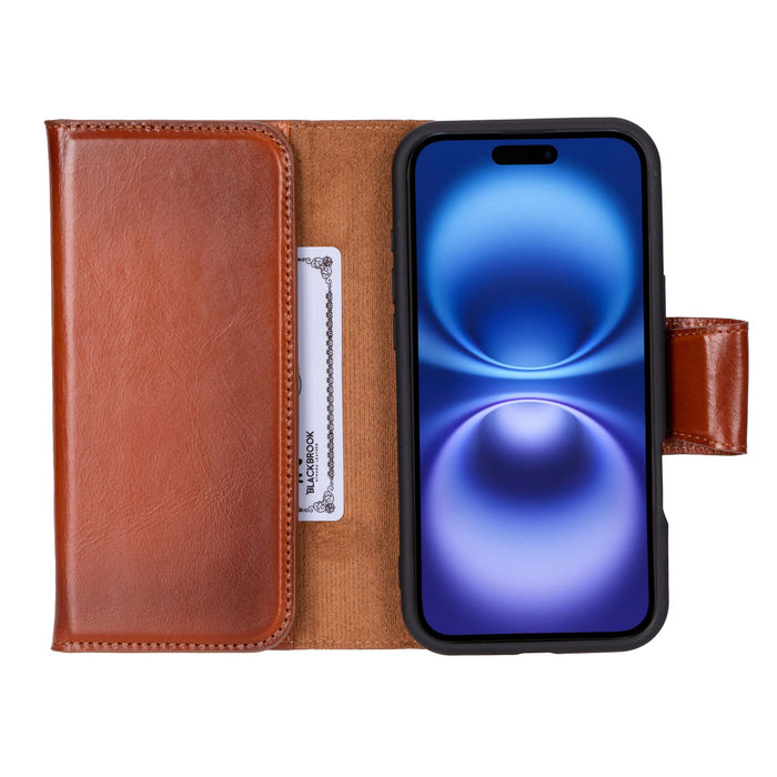 iPhone 16 Plus Leather Wallet Case - Tudor 2 - in - 1 Tri - Fold Folio, Burnished Tan - BlackBrook Case
