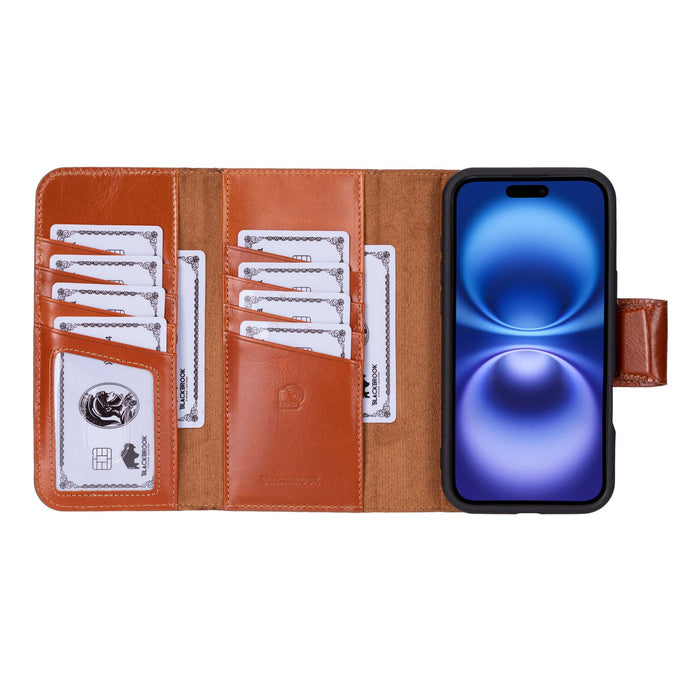 iPhone 16 Plus Leather Wallet Case - Tudor 2 - in - 1 Tri - Fold Folio, Burnished Tan - BlackBrook Case