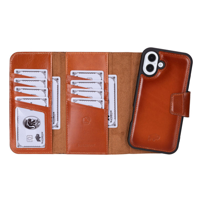 iPhone 16 Plus Leather Wallet Case - Tudor 2 - in - 1 Tri - Fold Folio, Burnished Tan - BlackBrook Case
