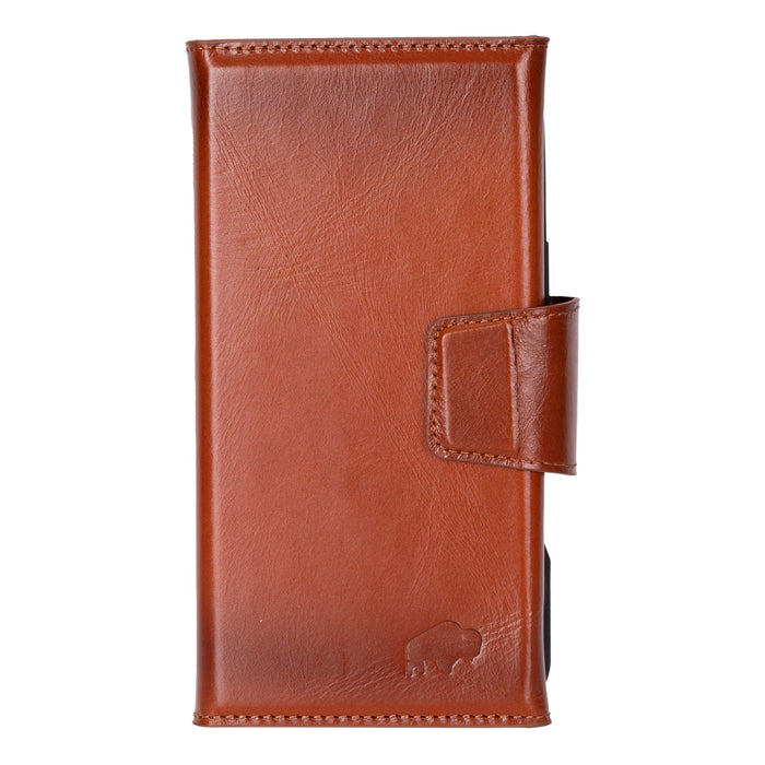 iPhone 16 Plus Leather Wallet Case - Tudor 2 - in - 1 Tri - Fold Folio, Burnished Tan - BlackBrook Case