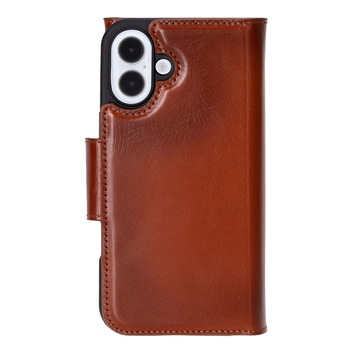 iPhone 16 Plus Leather Wallet Case - Tudor 2 - in - 1 Tri - Fold Folio, Burnished Tan - BlackBrook Case