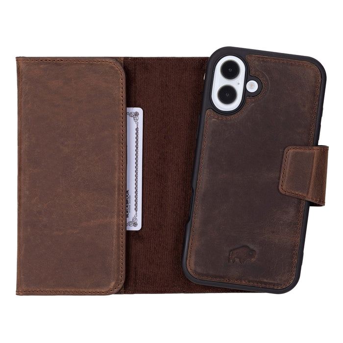 iPhone 16 Plus Leather Wallet Case - Tudor 2 - in - 1 Tri - Fold Folio, Distressed Coffee - BlackBrook Case