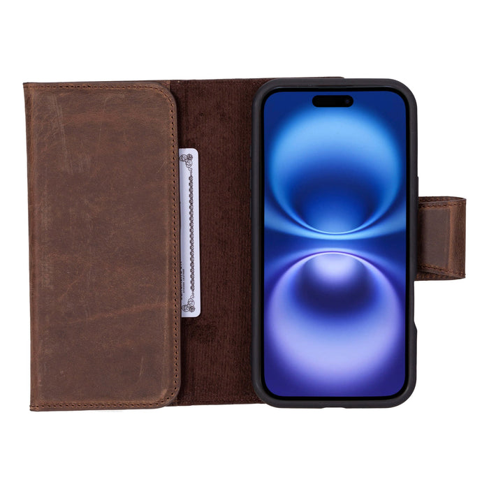 iPhone 16 Plus Leather Wallet Case - Tudor 2 - in - 1 Tri - Fold Folio, Distressed Coffee - BlackBrook Case