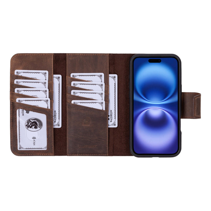 iPhone 16 Plus Leather Wallet Case - Tudor 2 - in - 1 Tri - Fold Folio, Distressed Coffee - BlackBrook Case