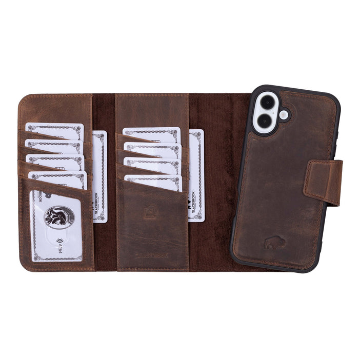 iPhone 16 Plus Leather Wallet Case - Tudor 2 - in - 1 Tri - Fold Folio, Distressed Coffee - BlackBrook Case