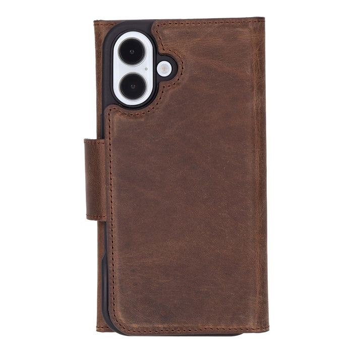 iPhone 16 Plus Leather Wallet Case - Tudor 2 - in - 1 Tri - Fold Folio, Distressed Coffee - BlackBrook Case