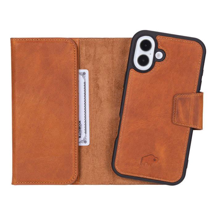 iPhone 16 Plus Leather Wallet Case - Tudor 2 - in - 1 Tri - Fold Folio, Golden Brown - BlackBrook Case