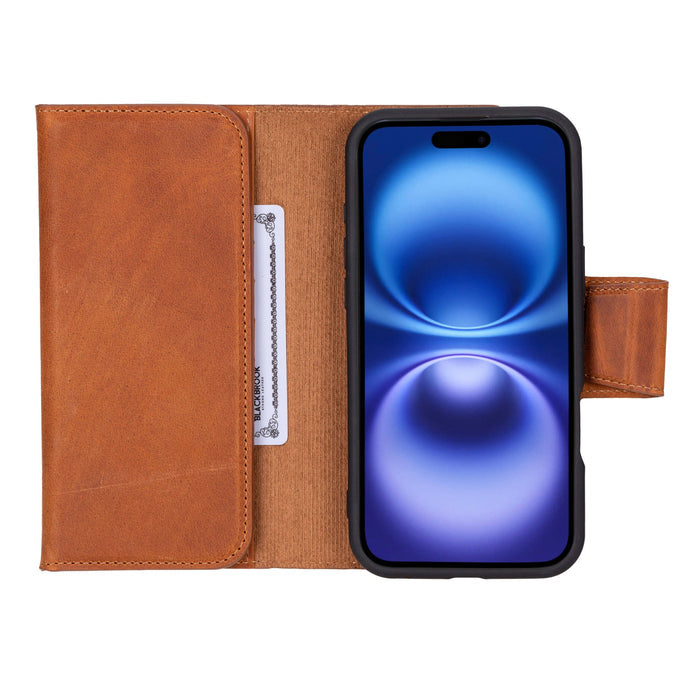 iPhone 16 Plus Leather Wallet Case - Tudor 2 - in - 1 Tri - Fold Folio, Golden Brown - BlackBrook Case
