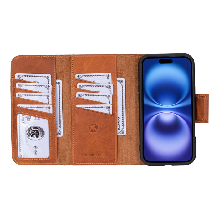 iPhone 16 Plus Leather Wallet Case - Tudor 2 - in - 1 Tri - Fold Folio, Golden Brown - BlackBrook Case