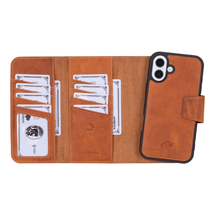 iPhone 16 Plus Leather Wallet Case - Tudor 2 - in - 1 Tri - Fold Folio, Golden Brown - BlackBrook Case