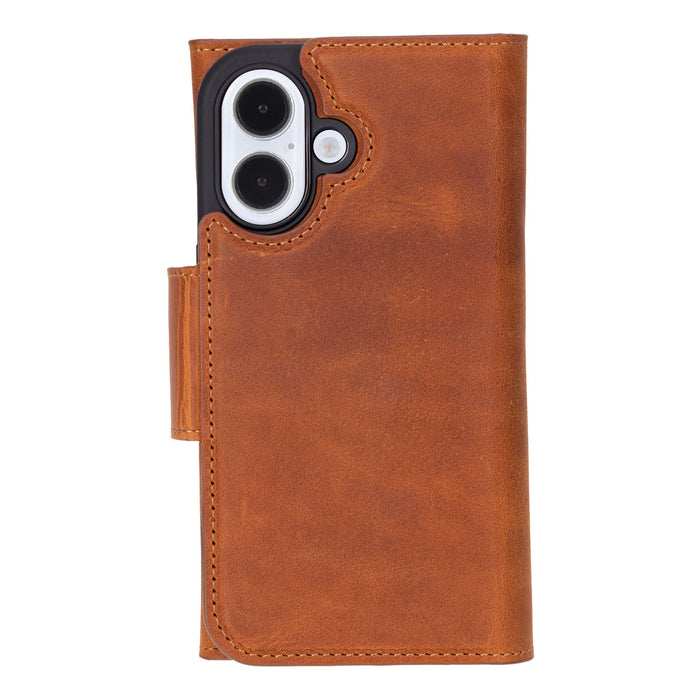 iPhone 16 Plus Leather Wallet Case - Tudor 2 - in - 1 Tri - Fold Folio, Golden Brown - BlackBrook Case