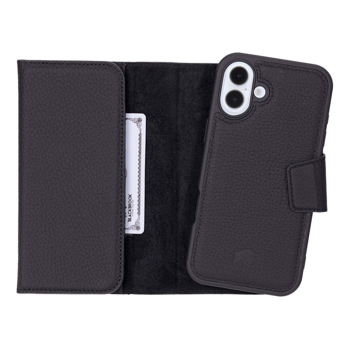 iPhone 16 Plus Leather Wallet Case - Tudor 2 - in - 1 Tri - Fold Folio, Pebble Black - BlackBrook Case