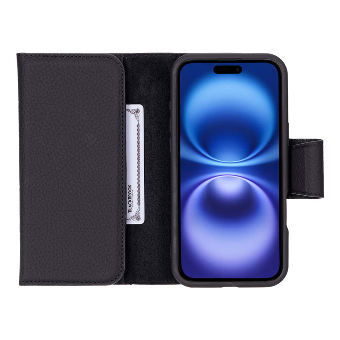 iPhone 16 Plus Leather Wallet Case - Tudor 2 - in - 1 Tri - Fold Folio, Pebble Black - BlackBrook Case