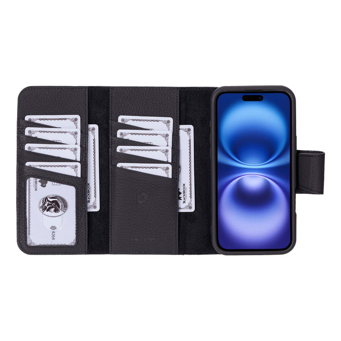iPhone 16 Plus Leather Wallet Case - Tudor 2 - in - 1 Tri - Fold Folio, Pebble Black - BlackBrook Case