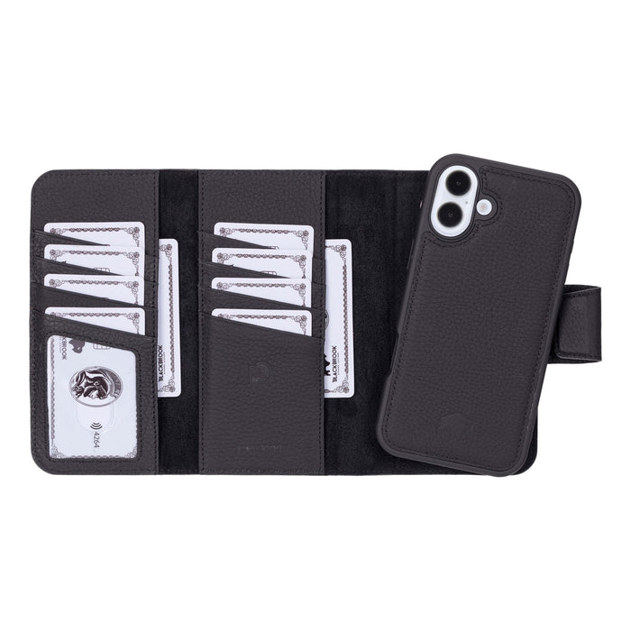 iPhone 16 Plus Leather Wallet Case - Tudor 2 - in - 1 Tri - Fold Folio, Pebble Black - BlackBrook Case