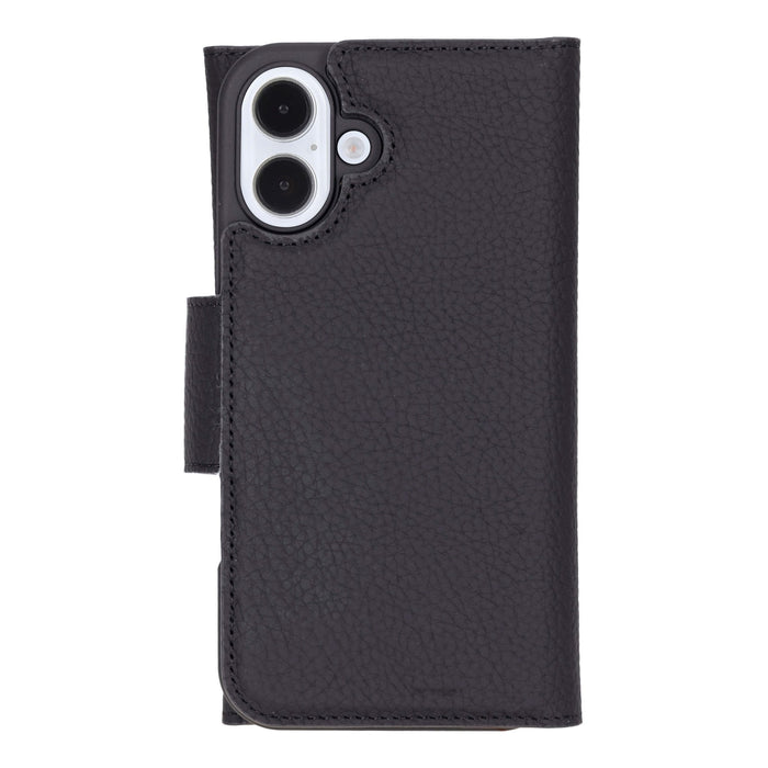 iPhone 16 Plus Leather Wallet Case - Tudor 2 - in - 1 Tri - Fold Folio, Pebble Black - BlackBrook Case