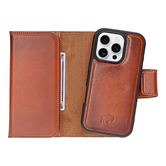 iPhone 16 Pro Leather Wallet Case - Tudor 2 - in - 1 Tri - Fold Folio, Burnished Tan - BlackBrook Case