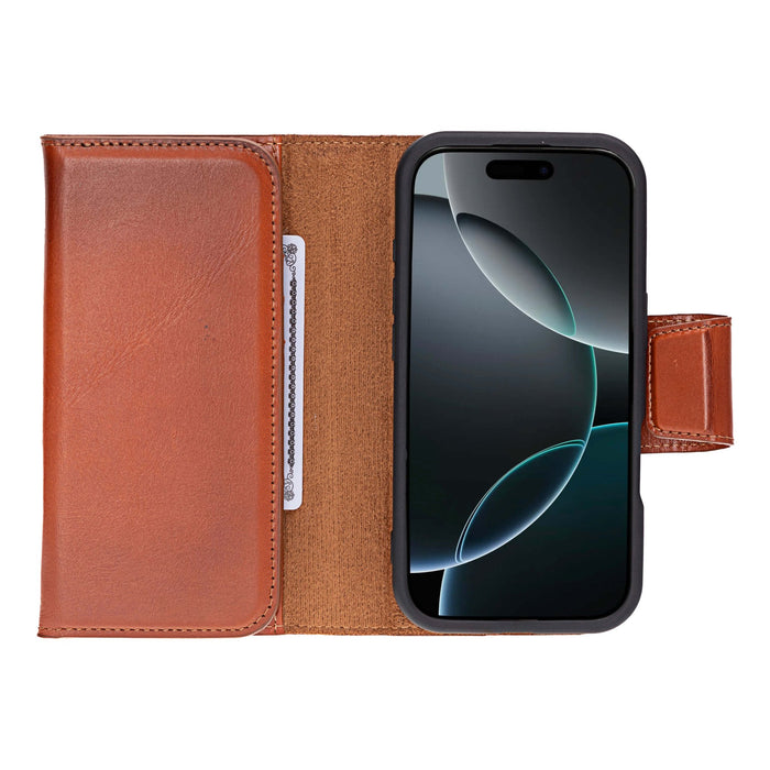 iPhone 16 Pro Leather Wallet Case - Tudor 2 - in - 1 Tri - Fold Folio, Burnished Tan - BlackBrook Case